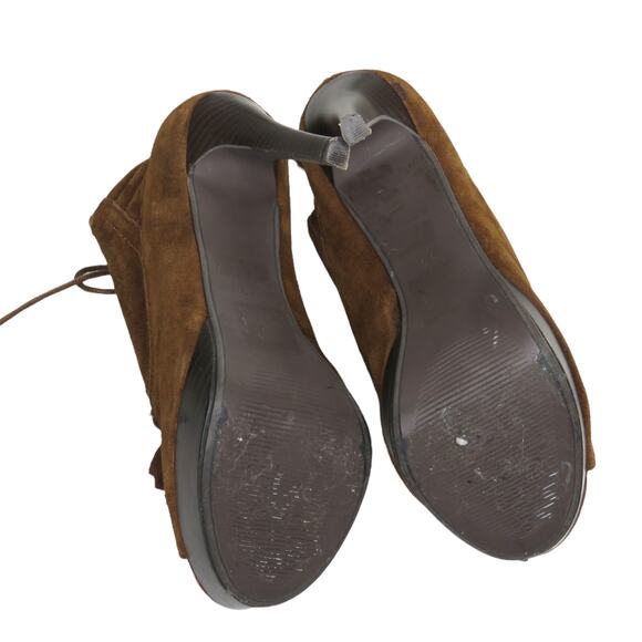 N.Y.L.A. Sabie Brown Suede Tassel Booties Peep Toe Lace Up Ankle Boots 7.5 Boho - Picture 7 of 10